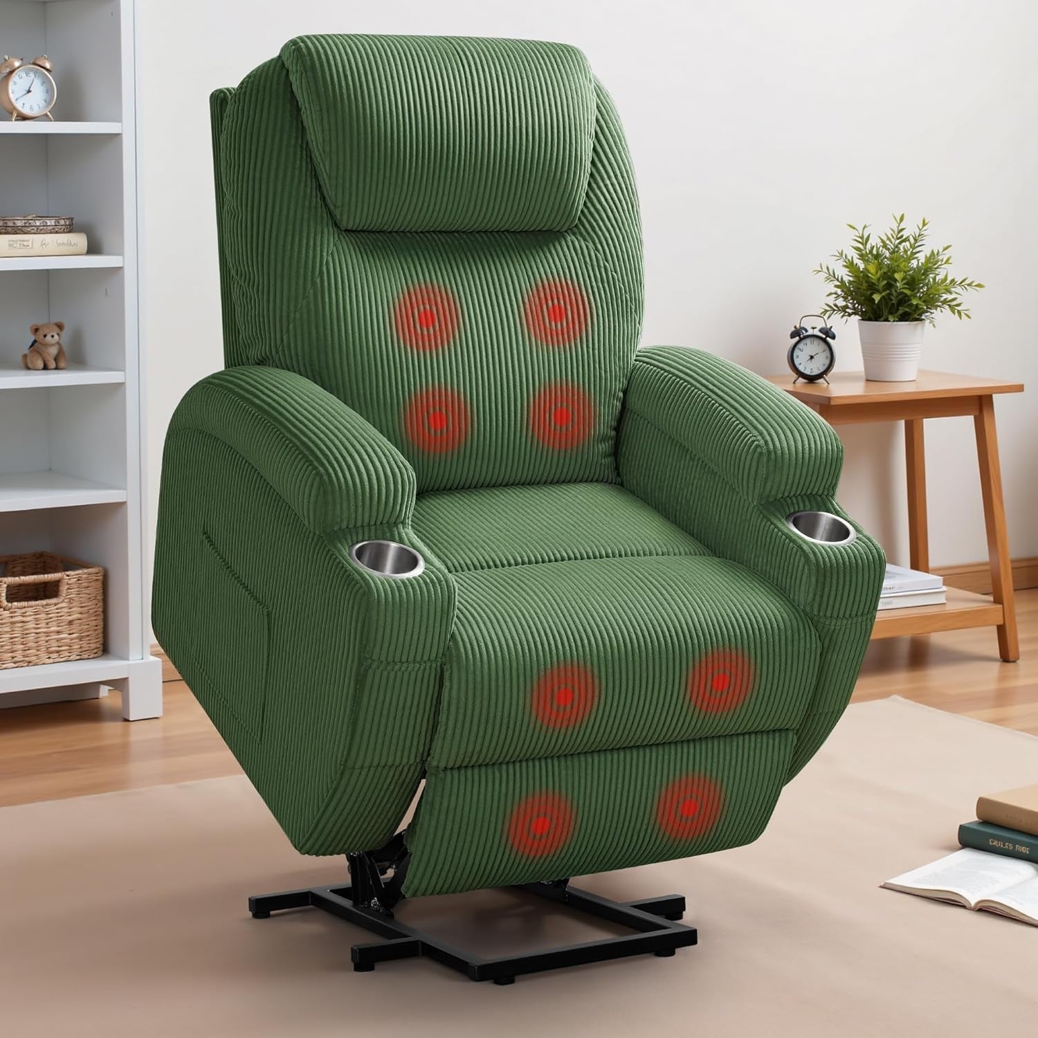 Power Lift Recliner Chair with Massage for Elderly Ergonomic Lounge Chair Classic Single Sofa with 2 Cup Holders Side Pockets Home Theater Seat (Corduroy, Green)-1