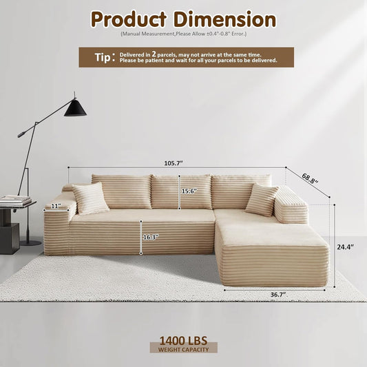 104" Cloud Sectionl Couch with L-Shpe Chise,Modern Modulr Sof with Deep Set, Upholstered Couches for Living Room Bedroom,No ssembly Required, Beige (Plush Corduroy Fbric)-1