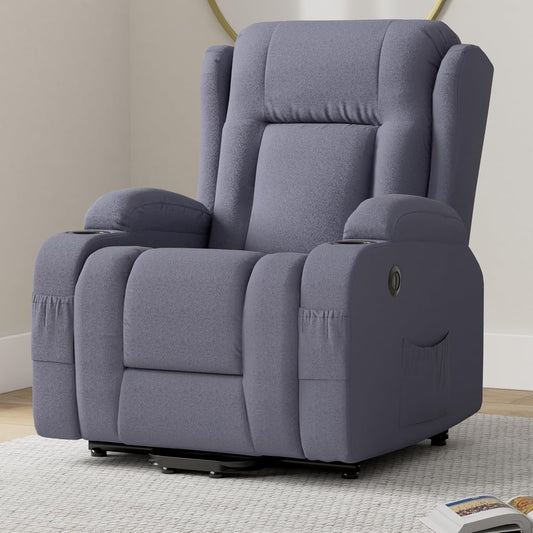 Modern Linen Electric Power Lift Chair, Recliner Massage Chair, Adjustable Furniture for Back, Legs W/ 3 Positions, USB Port, Heat, Cupholders, Easy-To-Reach Button - Blue-1