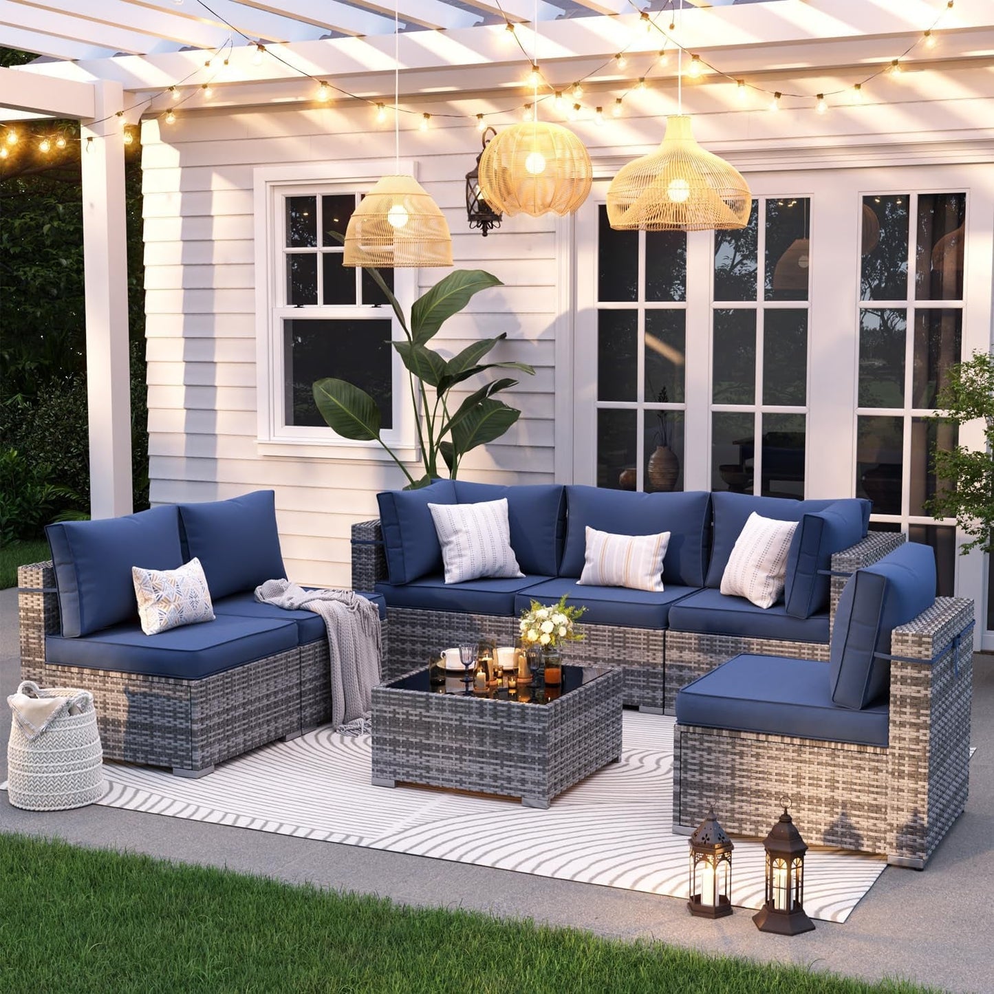 Patio Furniture Set, 7-Piece Outdoor Sectional with Waterproof Cover, All-Weather Wicker Patio Conversation Sets for Backyard (Grey with Navy Cushion)-1