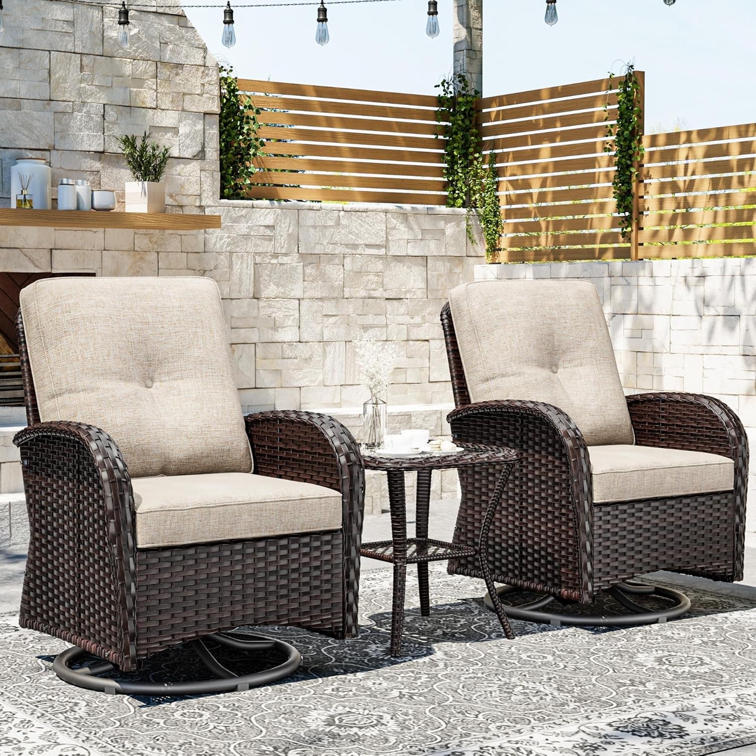 Outdoor Swivel Rocker Chairs, 3 Piece Wicker Patio Set with Thick Cushion and Side Table, Rattan Patio Swivel Rocking Chairs for Porch, Deck Use (Brown/Beige, 3 PCS)-1