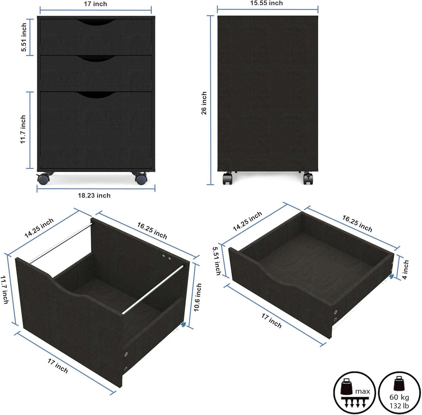 3 Drawer Mobile File Cabinet, Rolling Vertical Filing Cabinet Fits A4, Legal Paper and Letter Paper for Home Office, Black-2