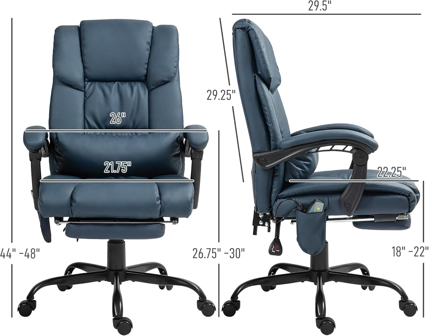 High Back Massage Office Chair with 6 Vibration Points, PU Leather Reclining Computer Chair, Ergonomic Desk Chair with Footrest Adjustable Height and Remote, Blue-2