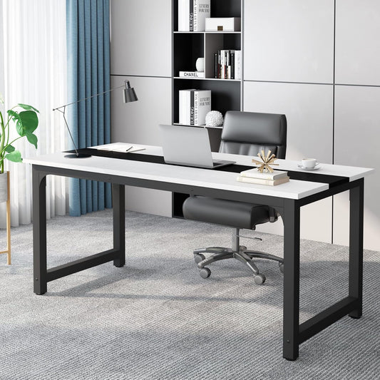 70.8”Executive Desk, Large Office Computer Desk with Thicken Frame, Modern Simple Workstation Business Furniture for Home Office, White/Black-0