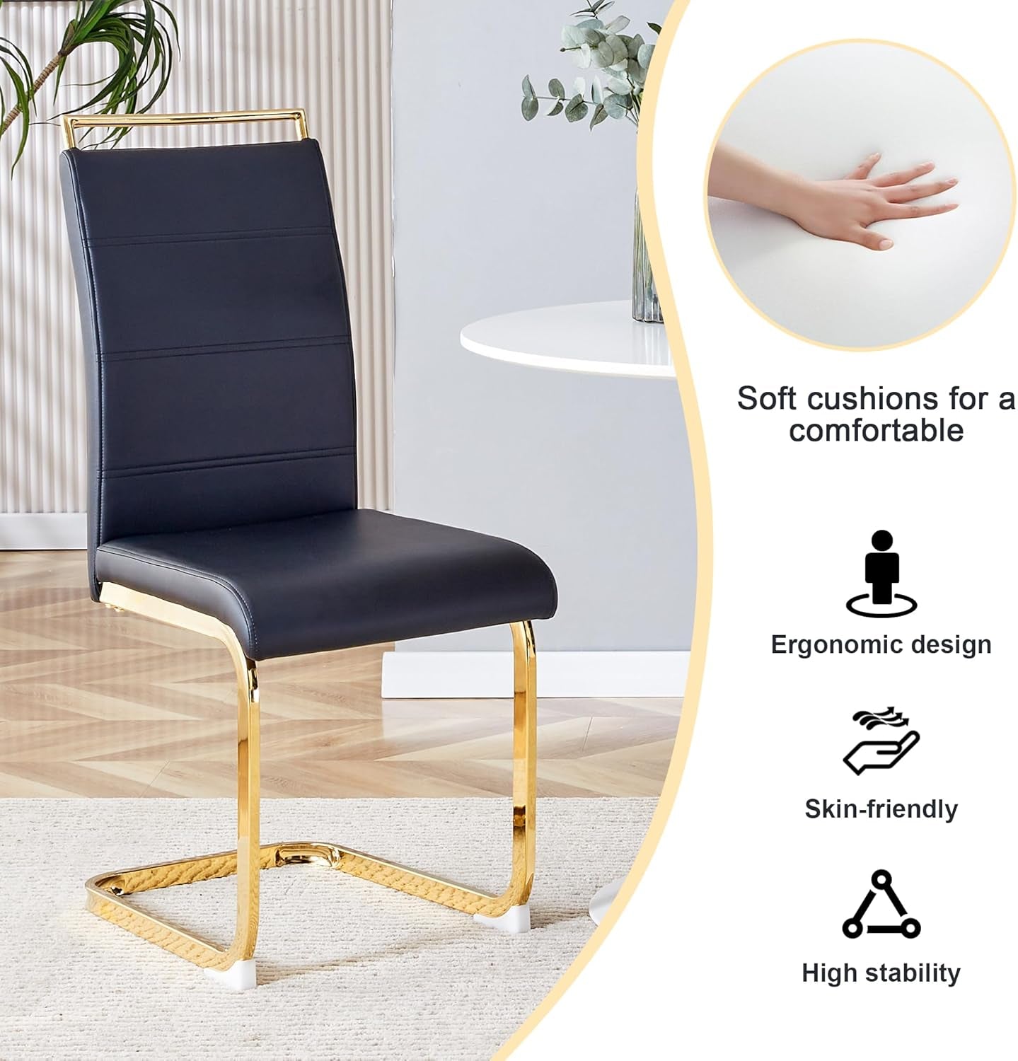 Modern Dining Chairs Set of 4, PU Faux Leather High Back Upholstered Dining Room Side Chair with Horizontal Stripe Backrest Design for Kitchen Living Room Dinner Chairs, Black with Gold Legs-2