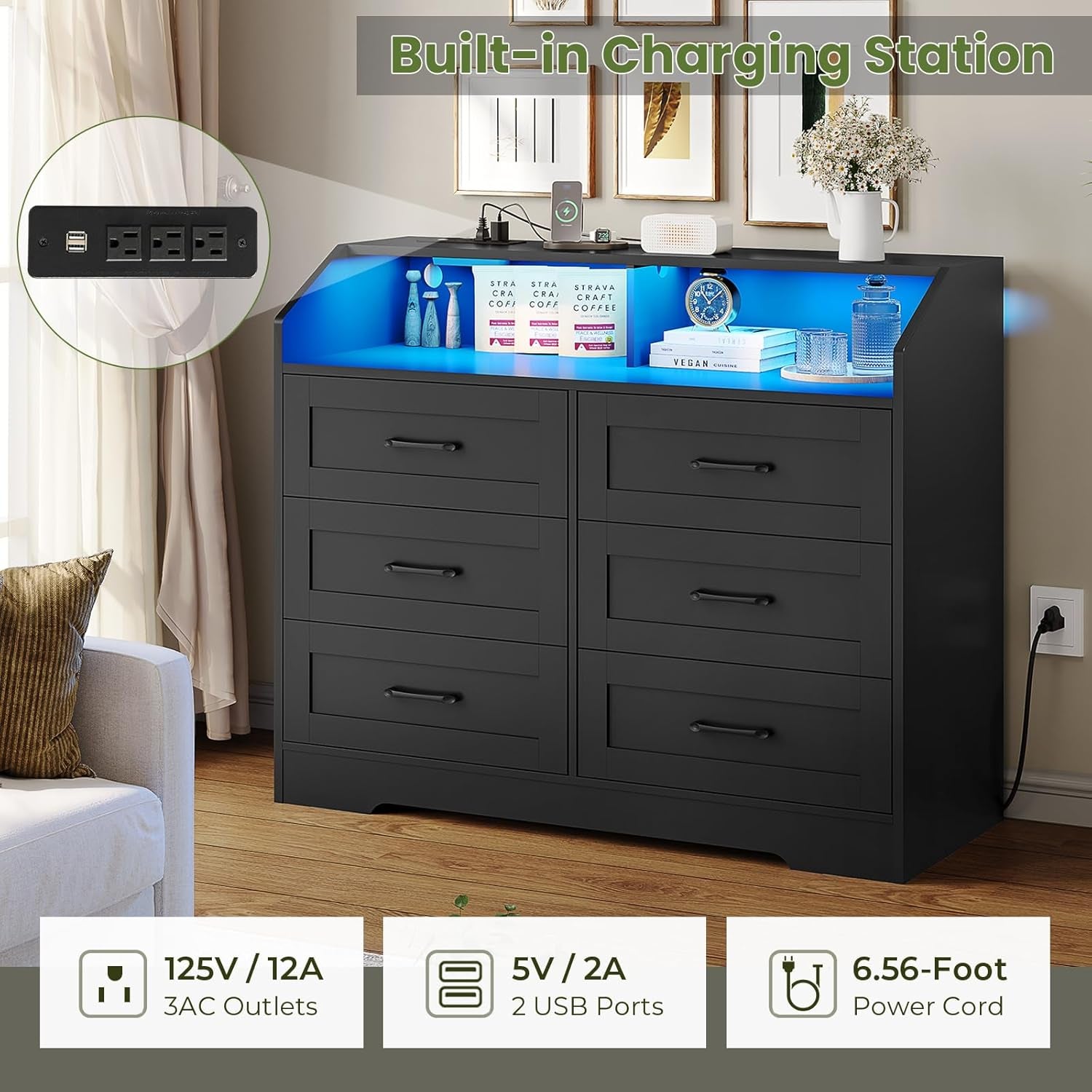 Black Dresser for Bedroom with LED Lights and Charging Station, Modern Wood 6 Drawers Storage Tower Clothes Organizer, Large Capacity Chest of Drawers Storage Cabinet for Bedroom, Living Room-3