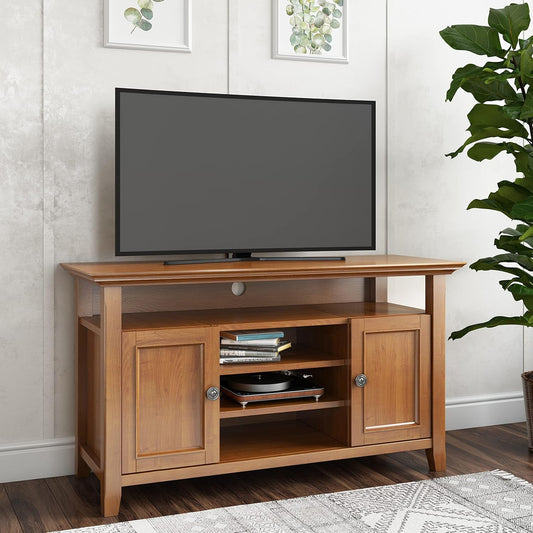 Amherst SOLID WOOD Universal TV Media Stand, 54 Inch Wide Living Room Entertainment Center, Storage Cabinet and Shelves, for Flat Screen Tvs up to 60 Inches in Light Golden Brown-1