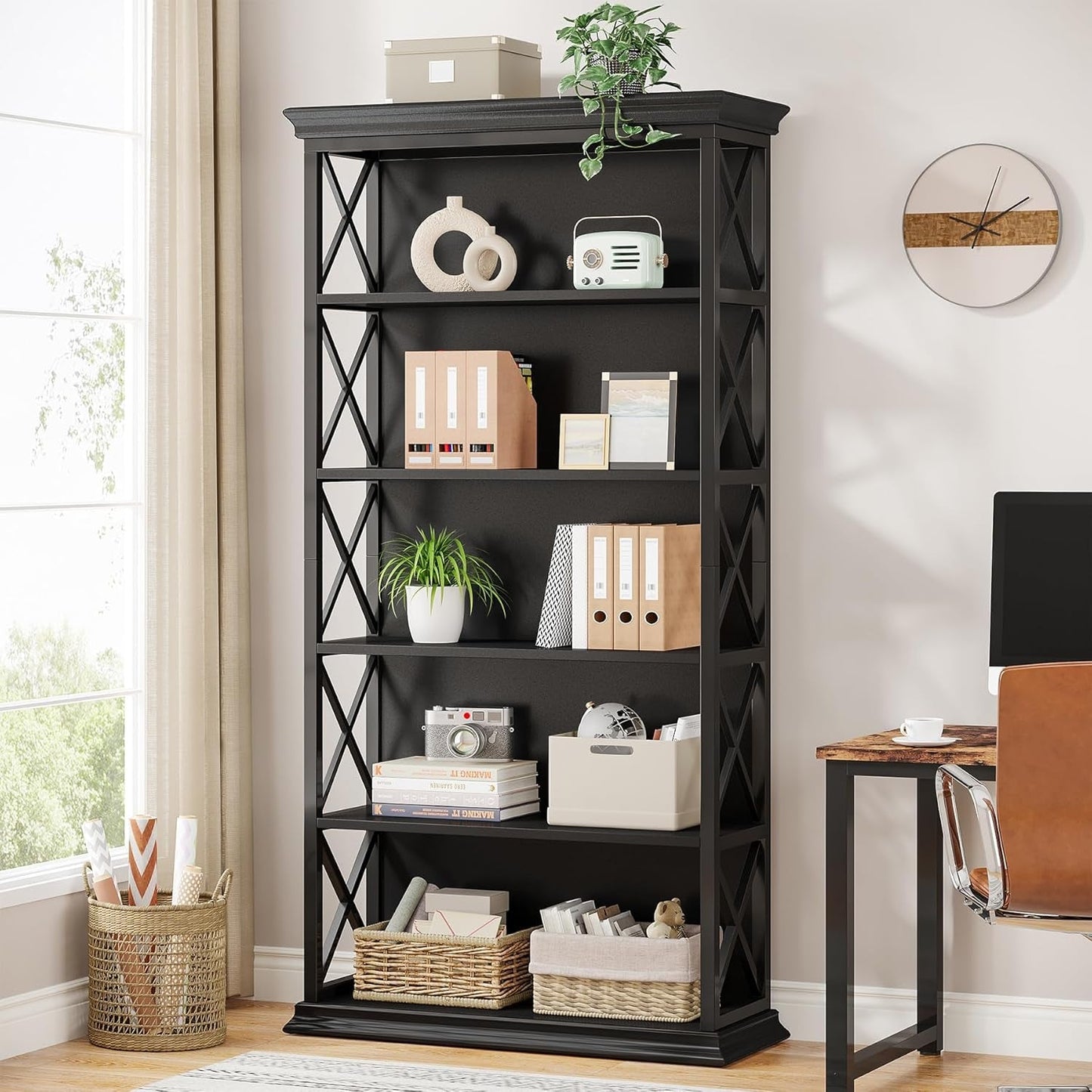 6-Tier Bookcase, 71 Inches Industrial Bookshelves and Bookcases, Floor Standing 5 Shelf Display Storage Shelves Tall Bookcase for Home Office, Living Room, Bed Room, All Black-2