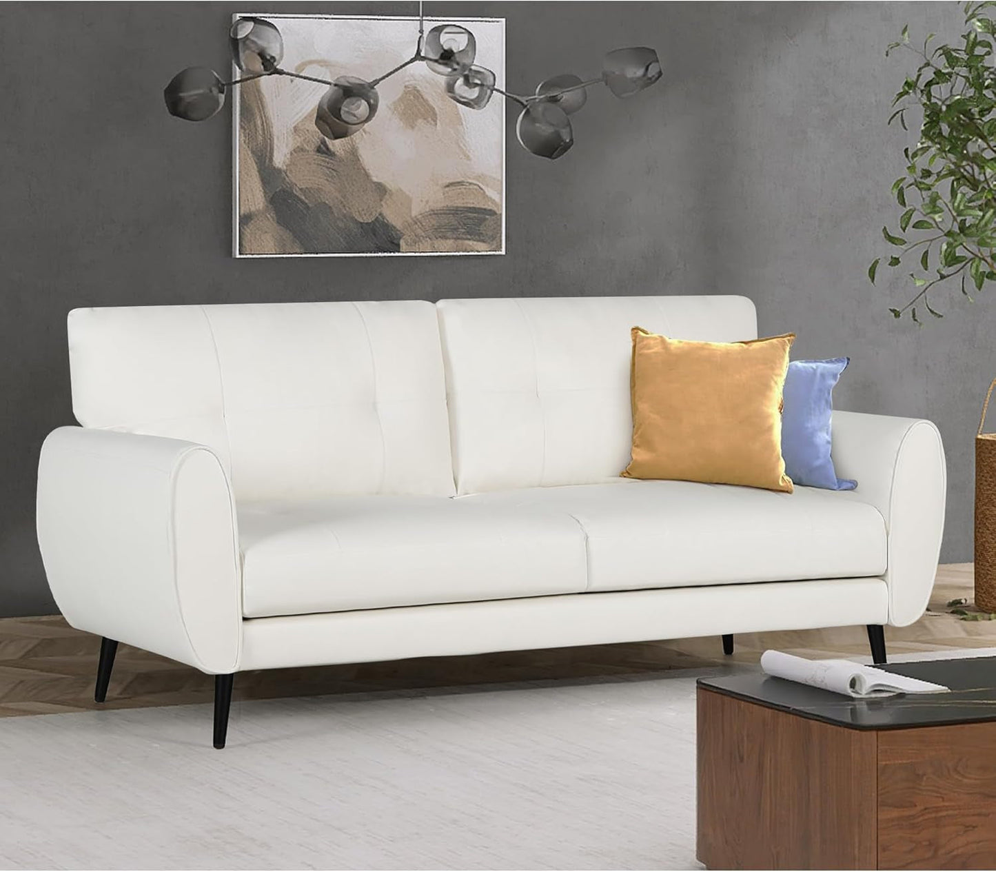 White Leather Loveseat: Mid-Century Modern, Button-Tufted-2