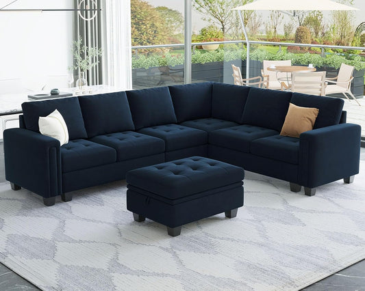 Velvet L Shaped Sofa Couch with Reversible Chaise Convertible Modular Sectional Sofa Set with Storage Ottoman Corner Sofa Set for Living Room Blue-0