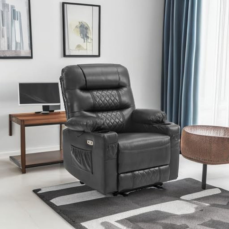 Power Recliner Chair with Heat and Vibration, Cup Holder, USB Port, Extended Footrest, Faux Leather, Electric Reclining Sofa for Living Room PR621 (Dark Grey)-4