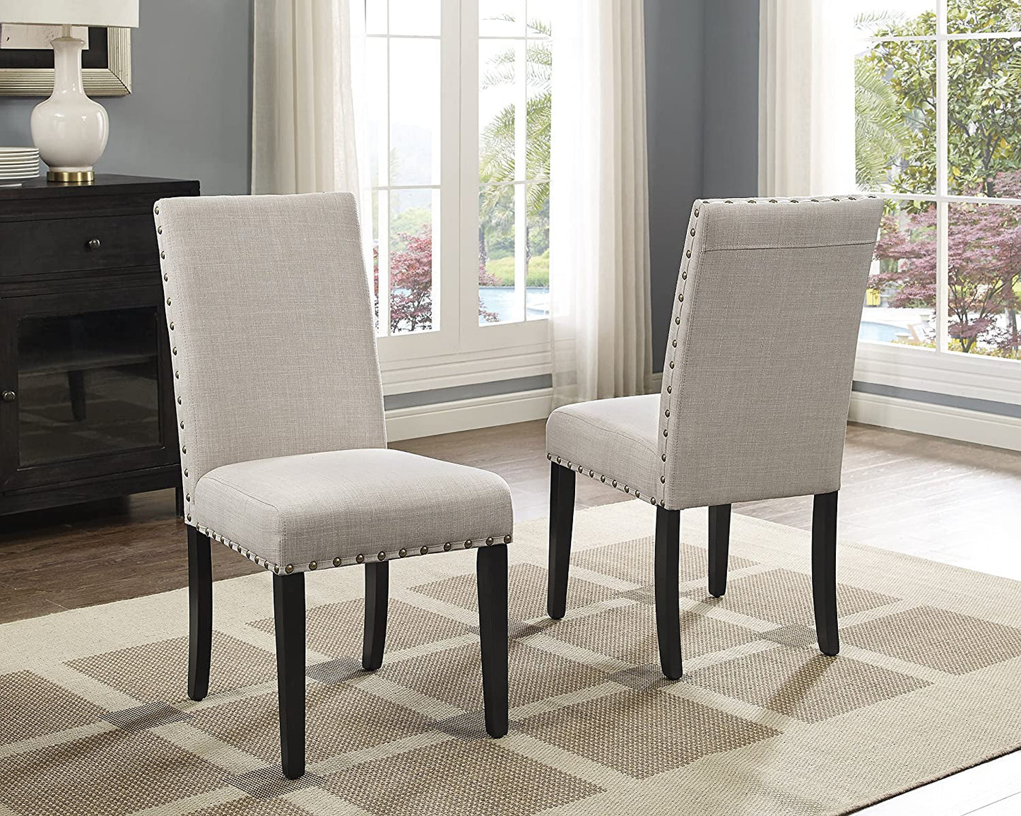 Tan Fabric Nailhead Dining Set with Espresso Wood-2