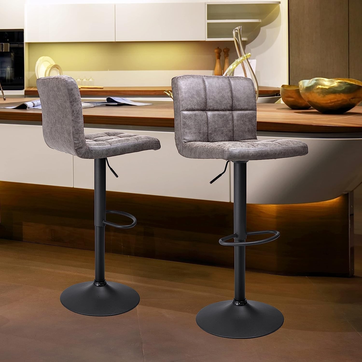 Vintage Leather Swivel Barstools, Set of 2, Grey-0