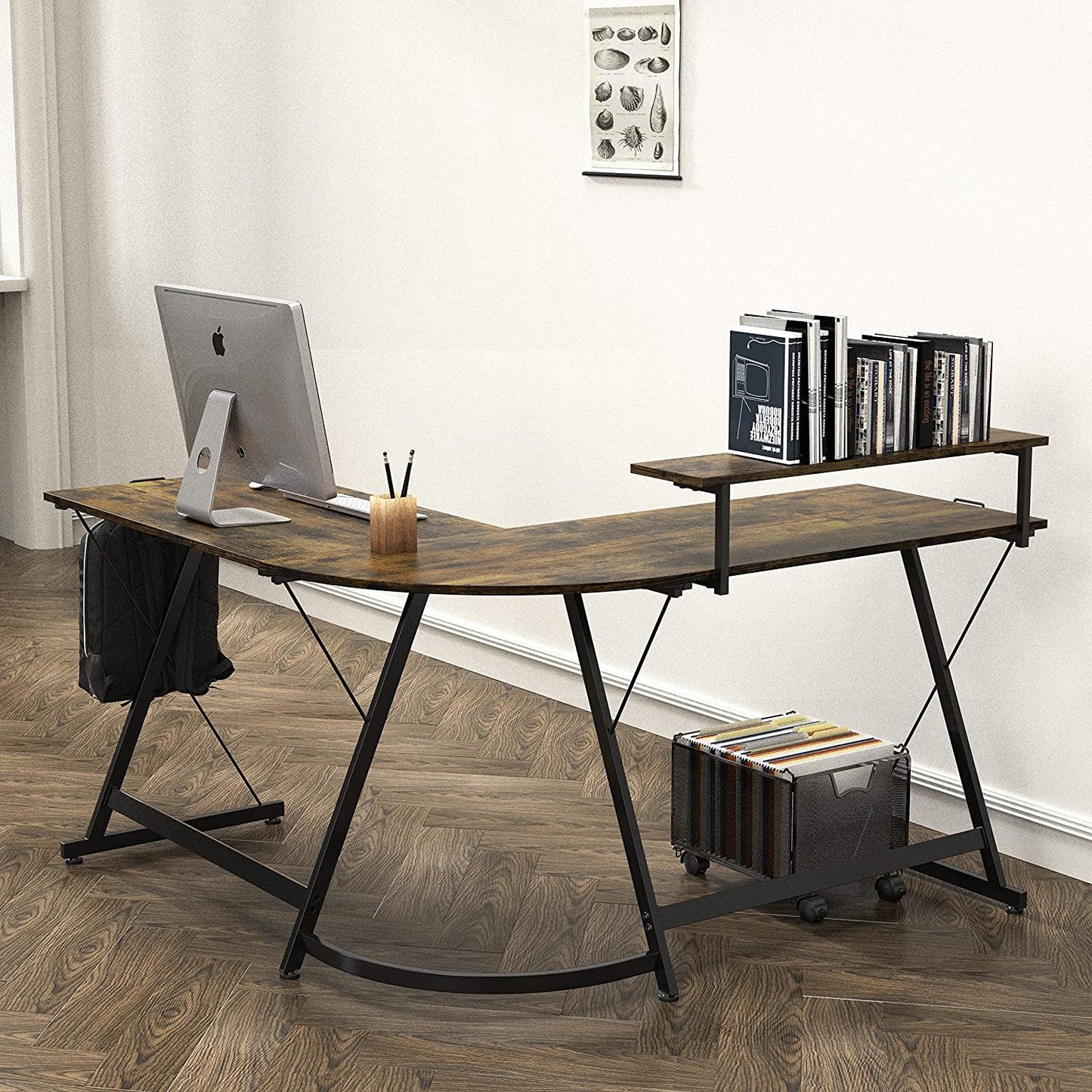 Vista L-Shape Desk with Monitor Stand, Rustic Brown-3