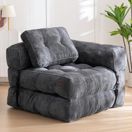 Folding Sofa Bed, L-Shaped Convertible Sofa Bed with Armrest Foldable Sleeper Sofa with Pillow, Portable Fold Out Chair Bed Comfy Floor Sofa Lounge for Living Room Bedroom, Dark Grey-0