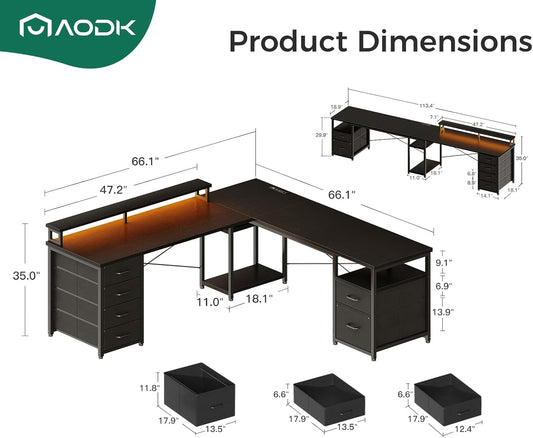 66" L Shaped Computer Desk, 113“ Reversible Home Office Desk with File Cabinet & 4 Fabric Drawers, Two Person Desk with LED Lights & Power Outlet, Corner Gaming Desk with Monitor Shelf, Black-1