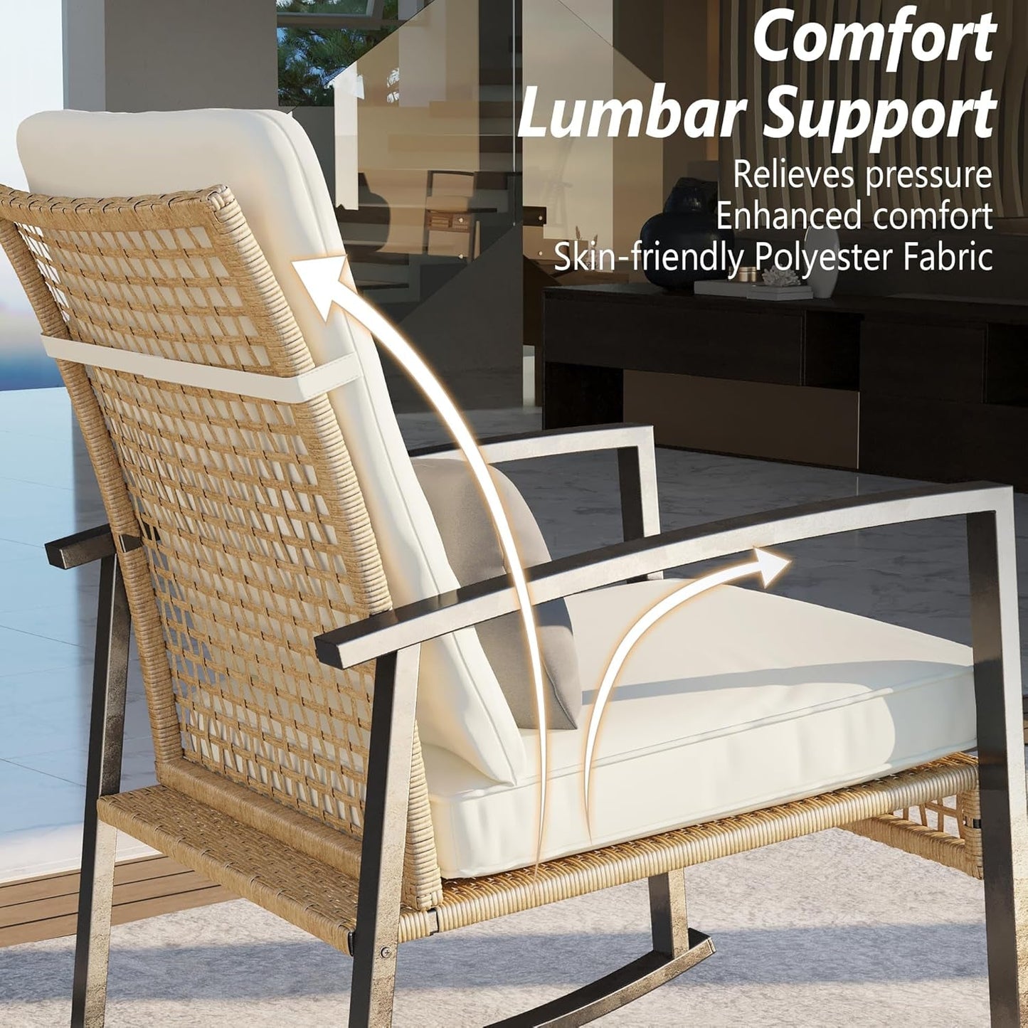 3 Piece Patio Rocking Chairs Set of 2, Outdoor Rocking Chair Bistro Set with Tempered Glass Coffee Table and Thick Lumbar Pillow Set, Front Porch Chairs for Garden, Backyard, Poolside (Beige)-1