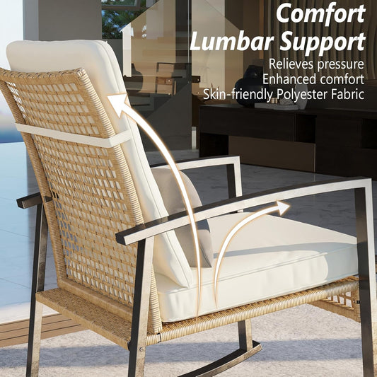 3 Piece Patio Rocking Chairs Set of 2, Outdoor Rocking Chair Bistro Set with Tempered Glass Coffee Table and Thick Lumbar Pillow Set, Front Porch Chairs for Garden, Backyard, Poolside (Beige)-1