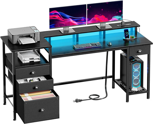 Black Computer Desk with 4 Drawers, 60" Long Office Desk with Fabric File Cabinet and Power Outlets, Gaming Desk with LED Lights, Study Writing Work Desk for Home Office-0