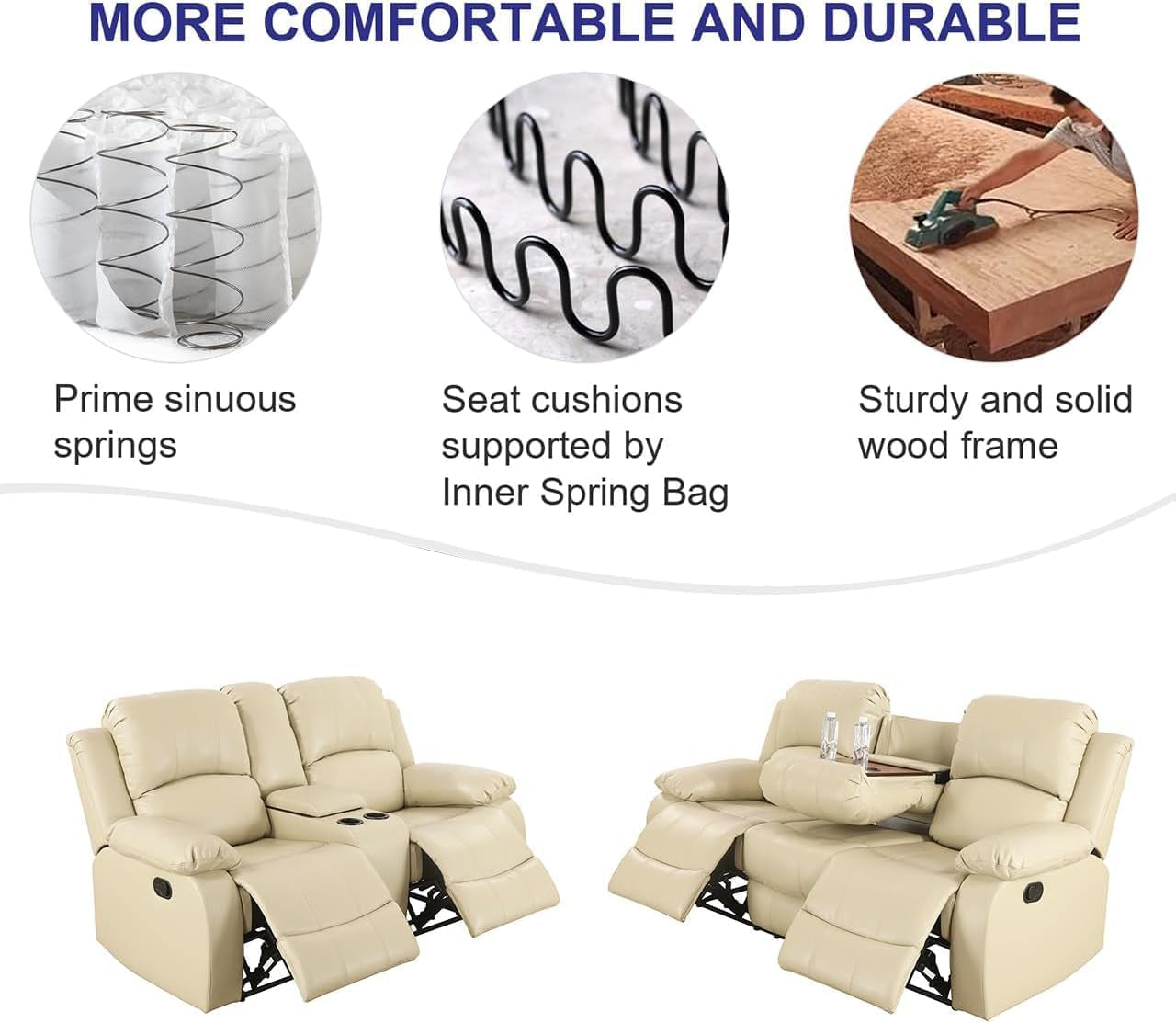 Bonded Leather Living Room Furniture Set Reclining Sofa Set Loveseat Furniture Sets in Living Room Sofa Recliners (Sofa+Loveseat, Beige)-3