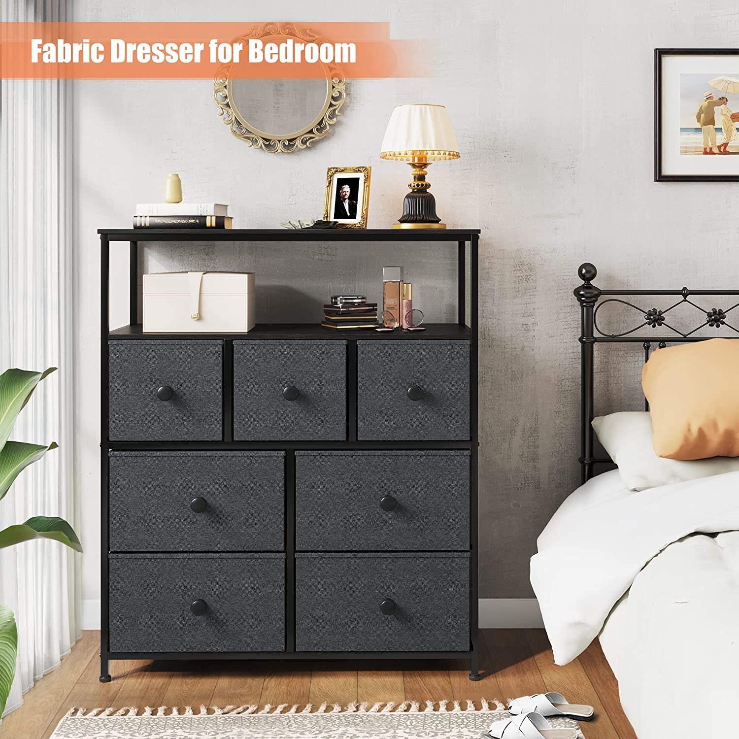 Black Grey Tall Dresser with Shelves for Bedroom & Nursery-3