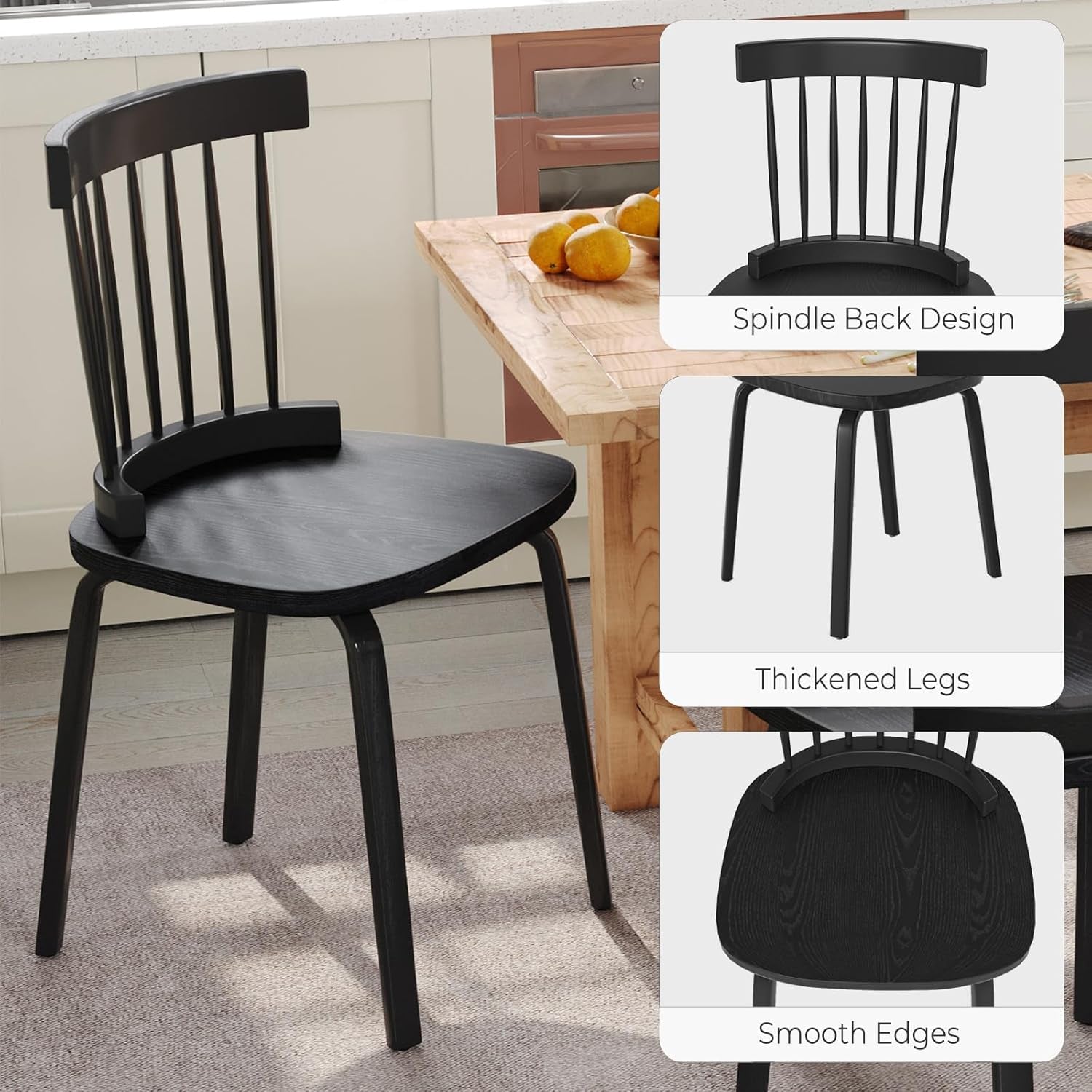 Windsor Dining Chairs Set of 6, Wood Farmhouse Spindle Back, Widen Seat, Mid-Century Modern French Country Style, for Living Room Restaurant, Black-2