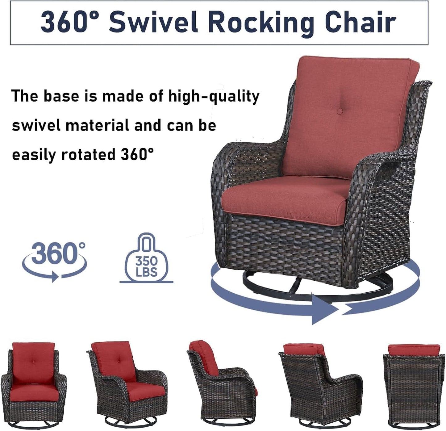 7 Pieces Patio Furniture Set with Fire Pit Table, Wicker Rattan Outdoor Furniture Set with Swivel Rocker Chairs for Yard, Deck, Garden, Brown/Red-1