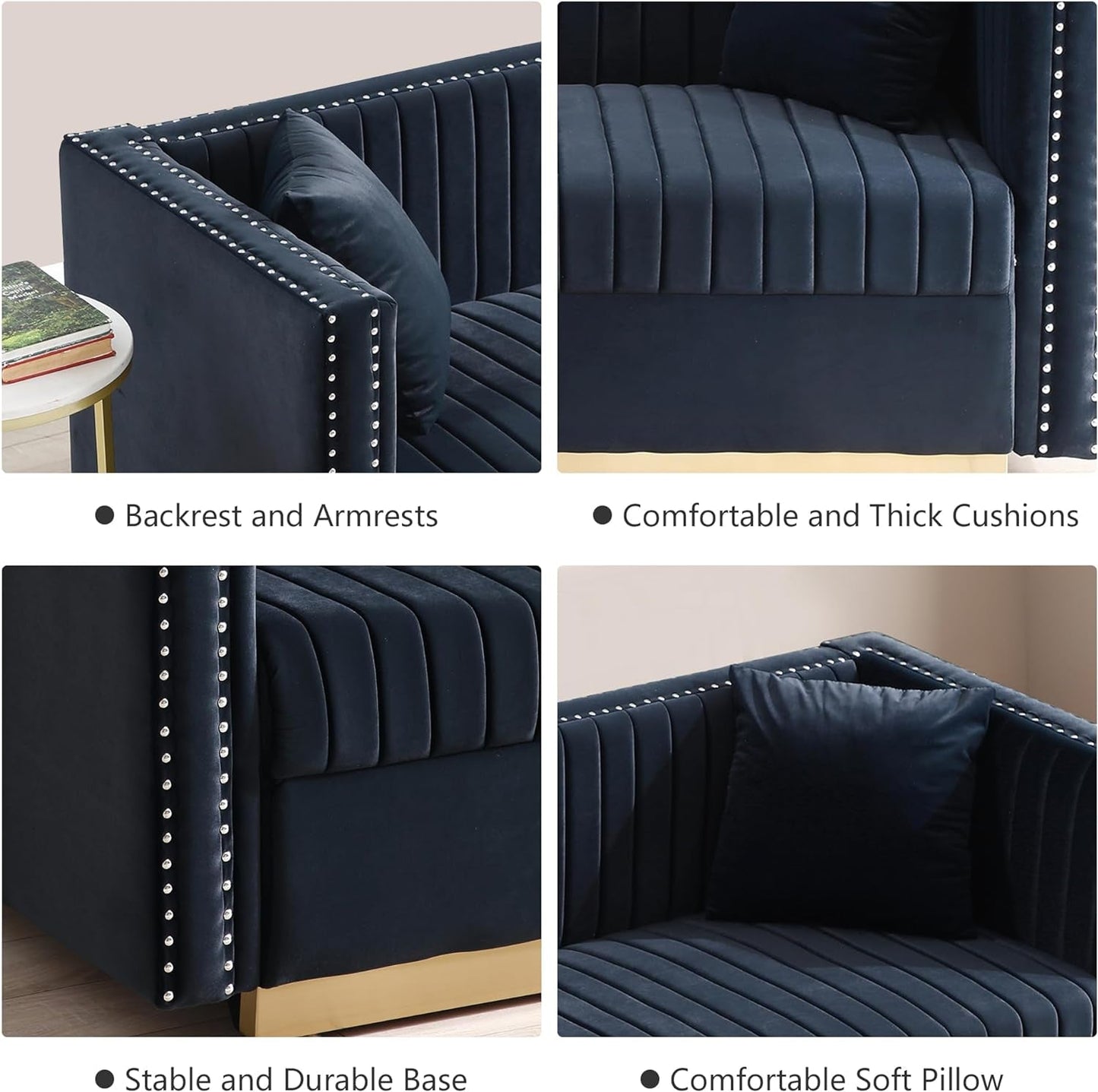 Luxury Velvet Sofa Set for Living Room, Modern Decor Furniture Channel Sofa Couch and Loveseat with Nailhead Gold Metal Legs and 4 Pillows for Bedroom, Hall, Black-2