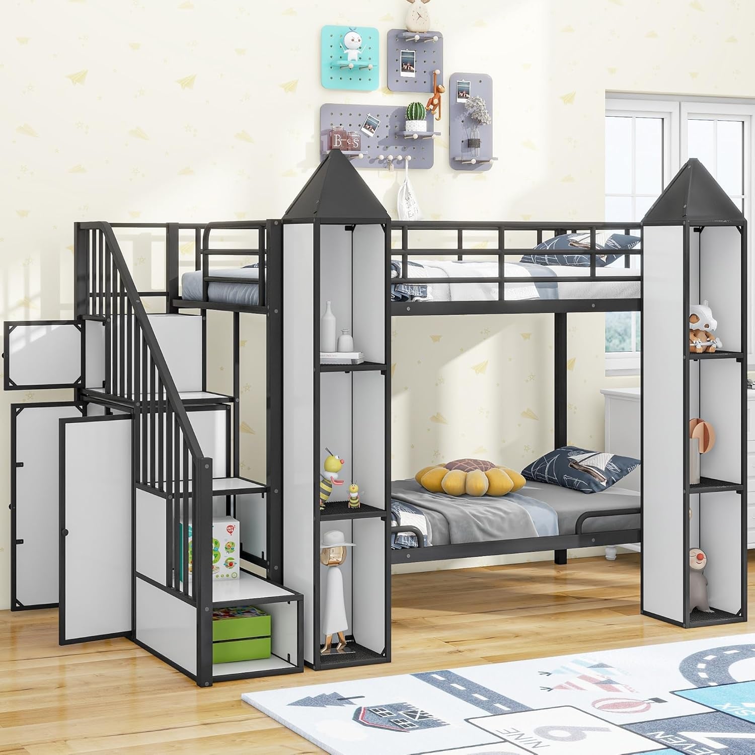 Twin Size Bunk Bed, Castle Shaped Metal Bed Frames with Wardrobe and Multiple Storage, Safety Guardrail. for Teens Boys, Black-3