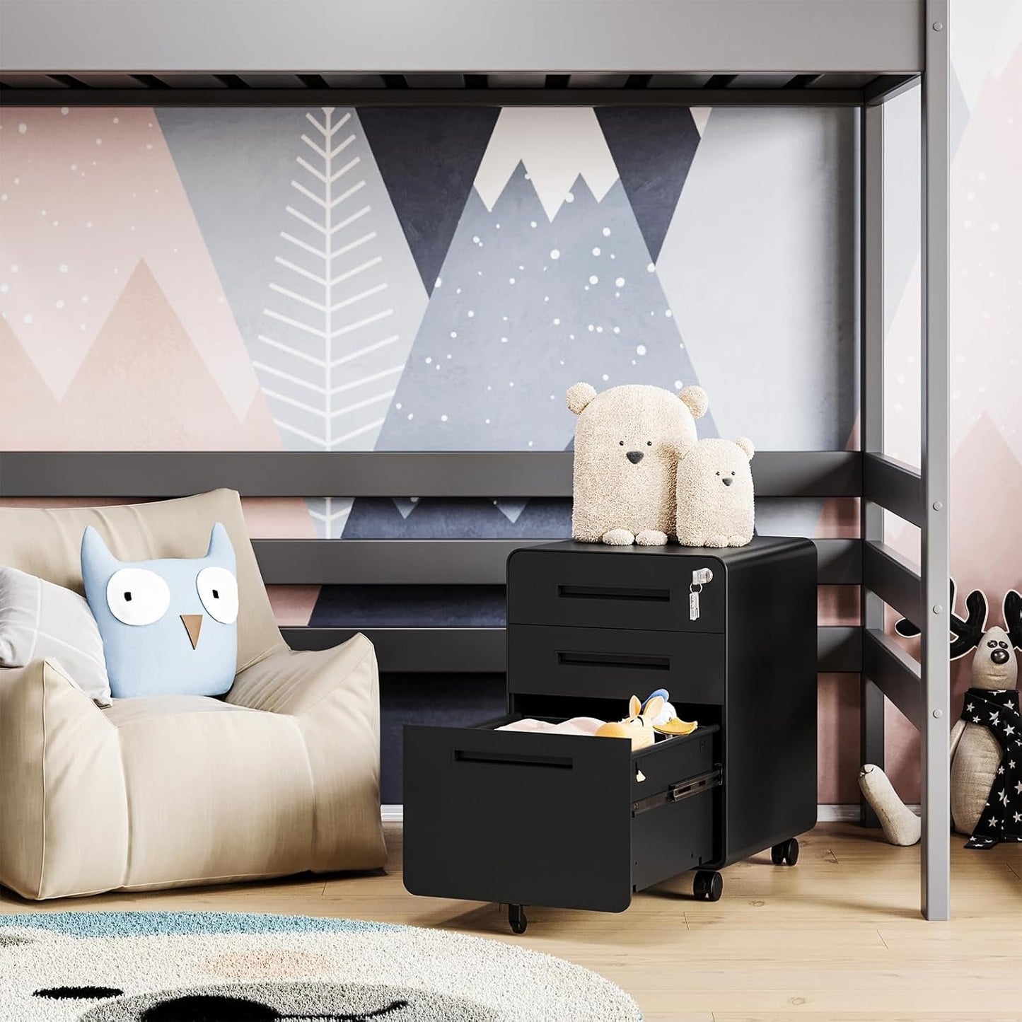 Mobile Filing Cabinet 3 Drawer, Rolling Small File Cabinet with Keys under Desk, Modern Black Filing Cabinet for Home Office with Anti-Tilt Wheels, A4/Letter/Legal Hanging File Drawers-4