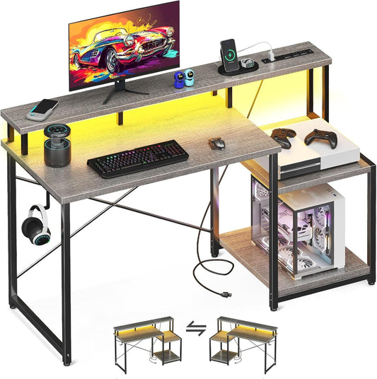 Computer Desk, 48 Inch Gaming Desk with Led Lights & Power Outlet, Office Desk with Printer Storage Shelves, Reversible Desk with Monitor Shelf & Headphone Hook, Grey Oak-0