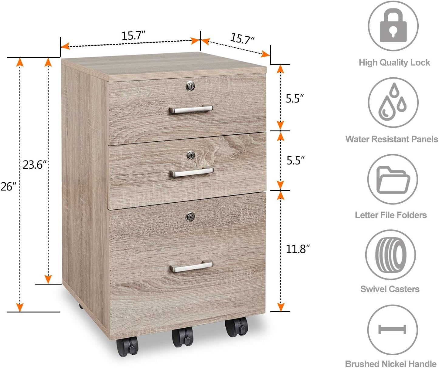 26"H 3 Drawer File Cabinet with Lock, Rolling File Cabinet under Desk, Mobile File Cabinets for Home Office, Wood File Cabinet Printer Stand for Letter Size File Folders, Assembly Required, Oak-2