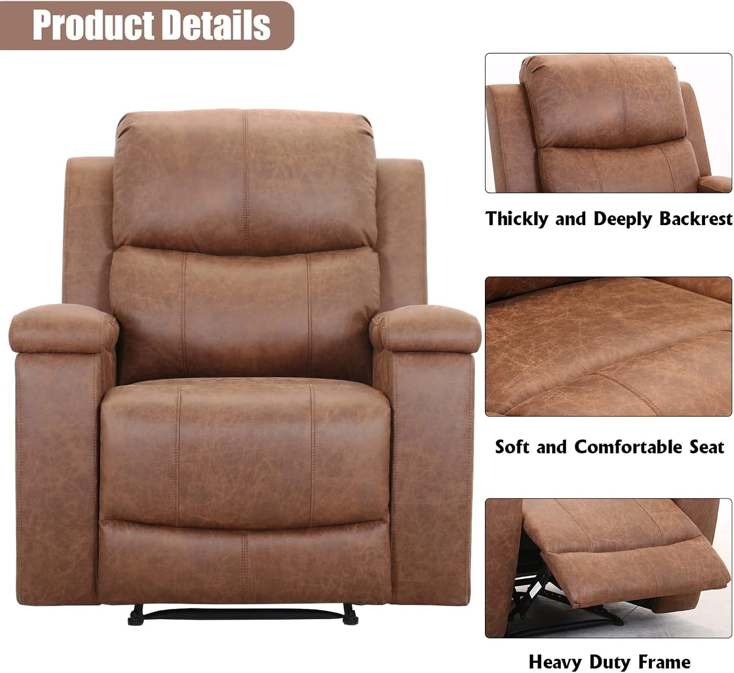 Leather Recliner Chair, Classic and Traditional Manual Recliner Chair with Overstuffed Arms and Back, Manual Single Sofa with Concealed Cup Holders, Brown-3
