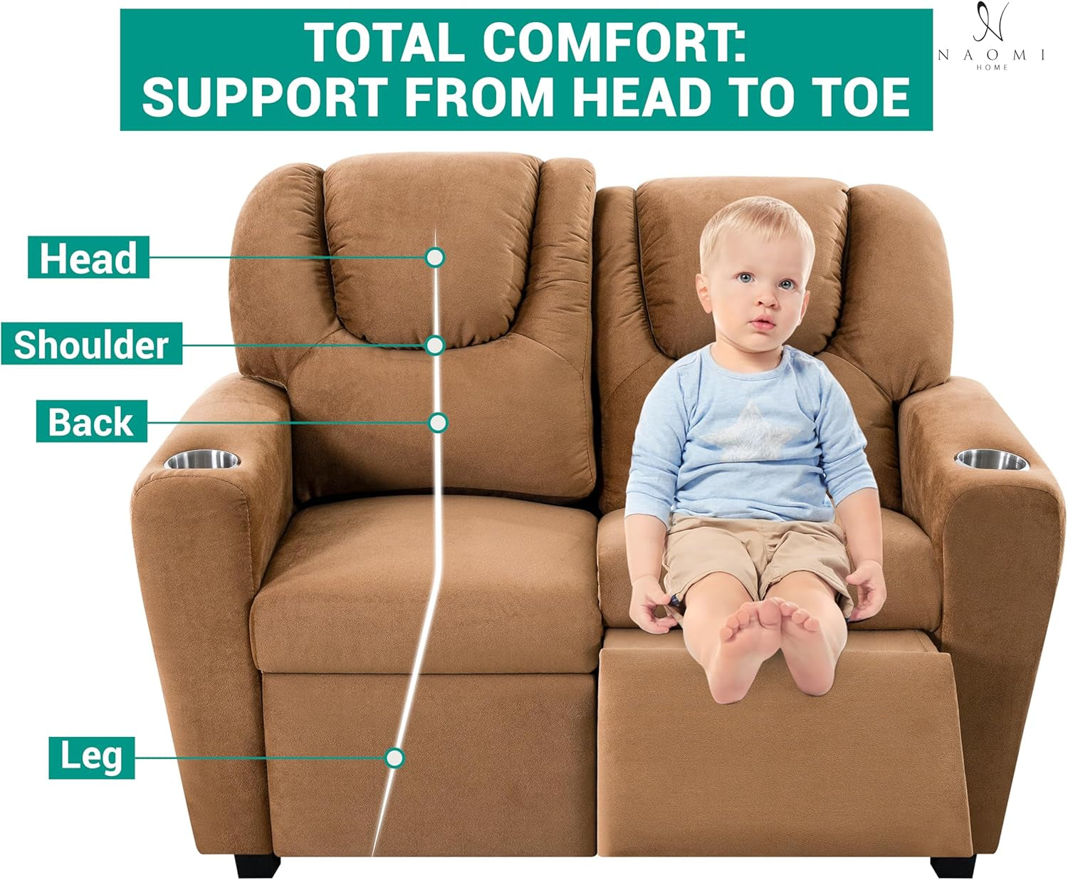 Suri Kids Recliner Loveseat – Spacious Toddler Recliner Chair Ages 3-5 with Cup Holders, Push-Back Function, and Adjustable Footrest - Brown-3