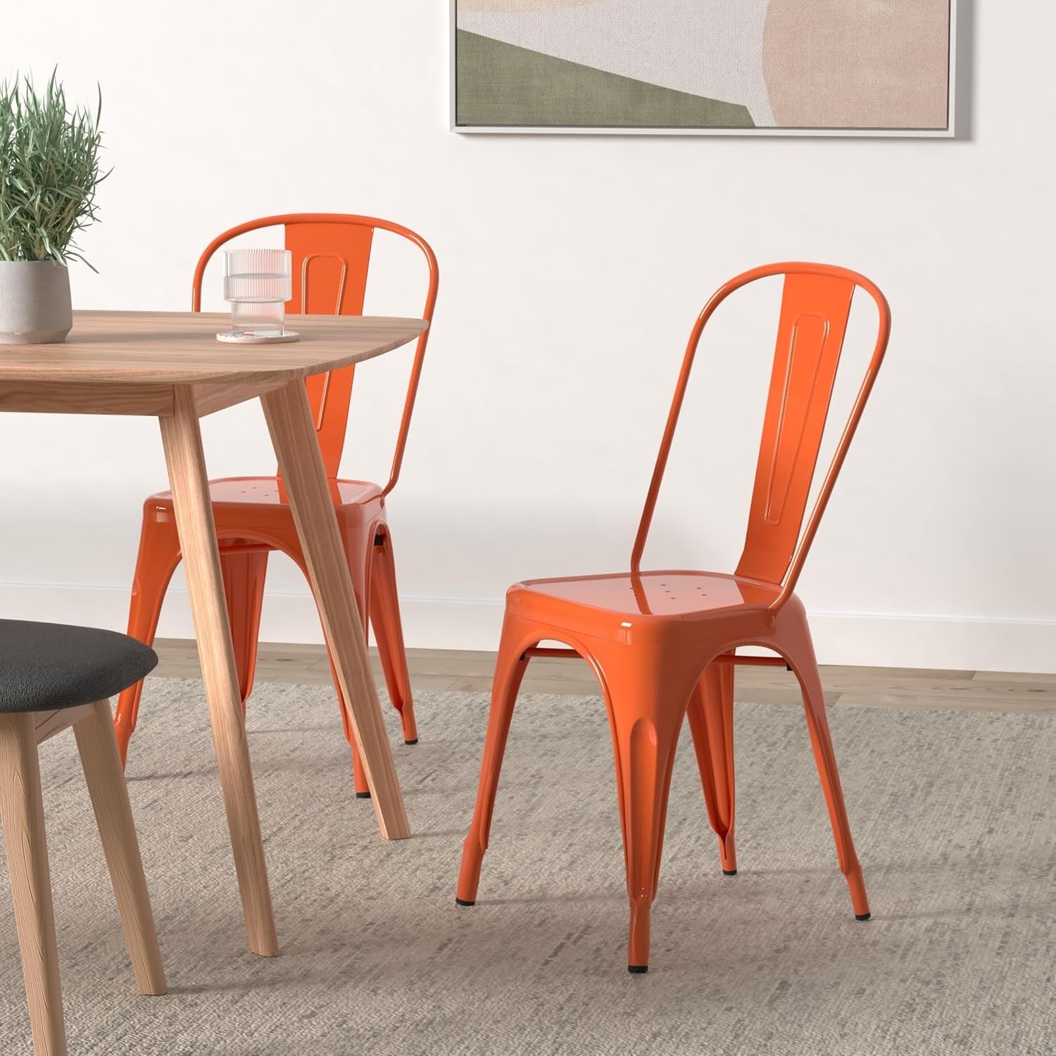 Metal Dining Chair Farmhouse Tolix Style for Kitchen Dining Room Café Restaurant Bistro Patio, 18 Inch, Stackable, Waterproof Indoor/Outdoor (Sets of 4) (Orange, Steel Seat)-1