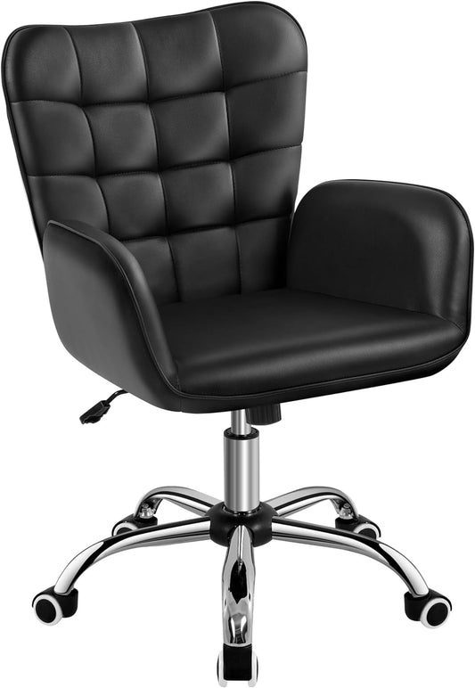 Faux Leather Office Chair Modern Vanity Chair Ergonomic Adjustable Computer Chair with Wide Seat, Padded Armrests for Living Room, Bedroom Black-0