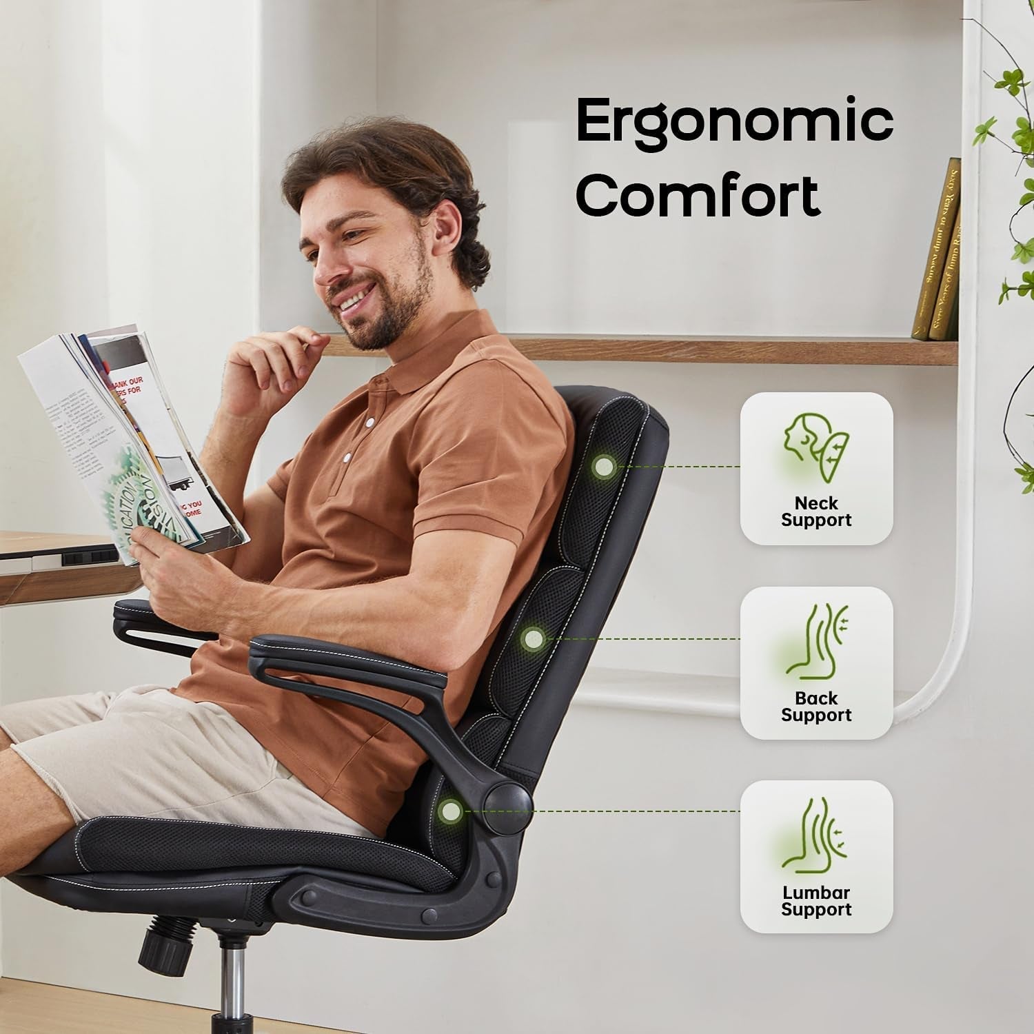 Office Chair Adjustable Desk Chair Mid Back Executive Comfortable Bonded Leather Ergonomic Back Support Home Computer Chair with Padded Flip-Up Armrest Swivel Wheels (White)-2