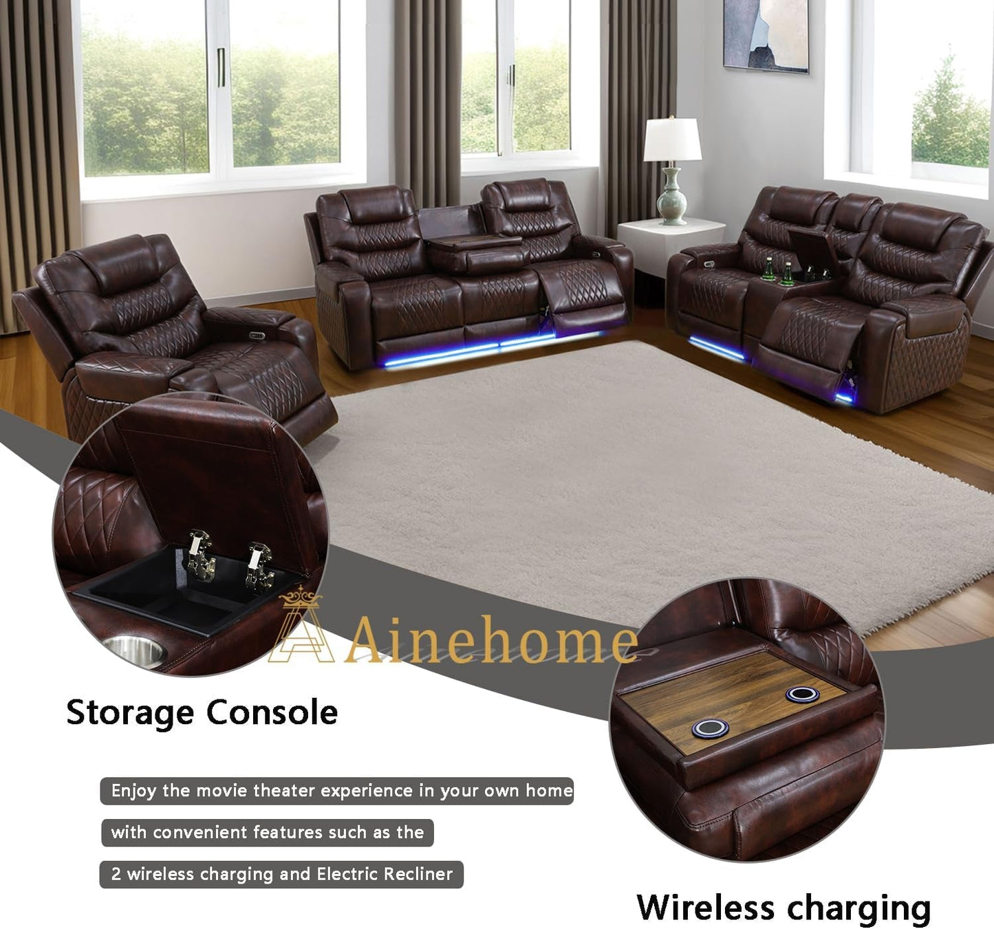 LED Power Recliner Sofa for Living Room Furniture Set, Leather Sectional Sofa Set, Reclining Sofa and Loveseat with USB Port/Storage Console/Cup Holders(Dark Brown 3-Piece Set)-2