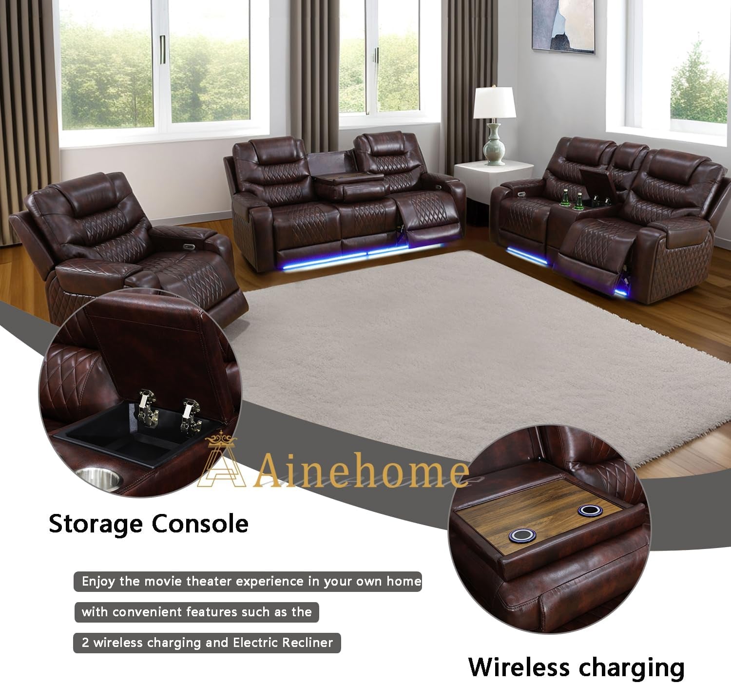 LED Power Recliner Sofa for Living Room Furniture Set, Leather Sectional Sofa Set, Reclining Sofa and Loveseat with USB Port/Storage Console/Cup Holders(Dark Brown 3-Piece Set)-2