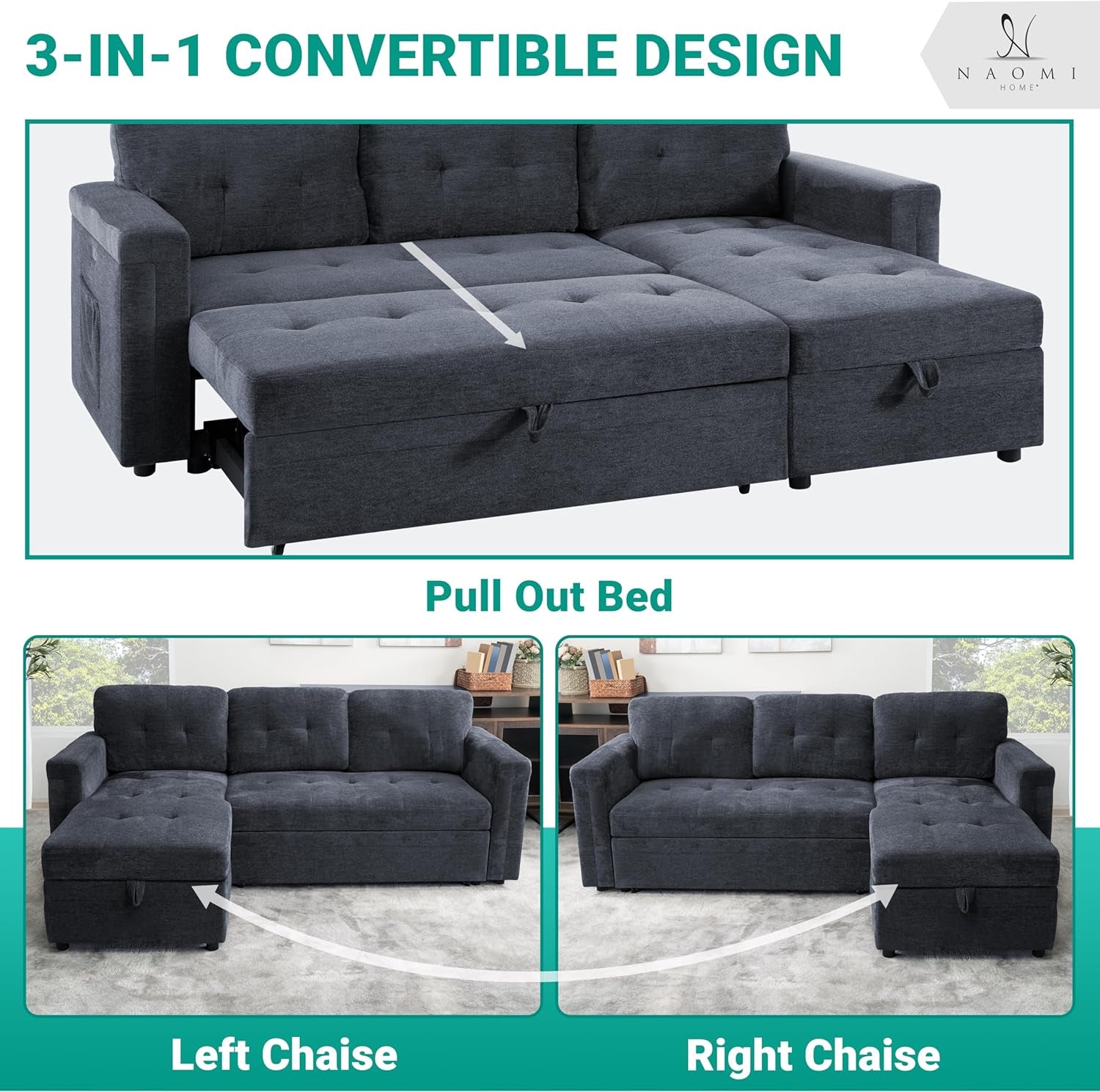 Gray Microfiber L-Shape Sleeper Sofa USB Ports Storage-3