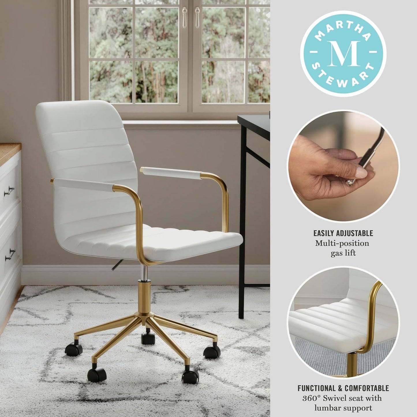 Taytum Swivel Task Chair with Armrests for Home Office in White Faux Leather with Polished Brass Frame-3