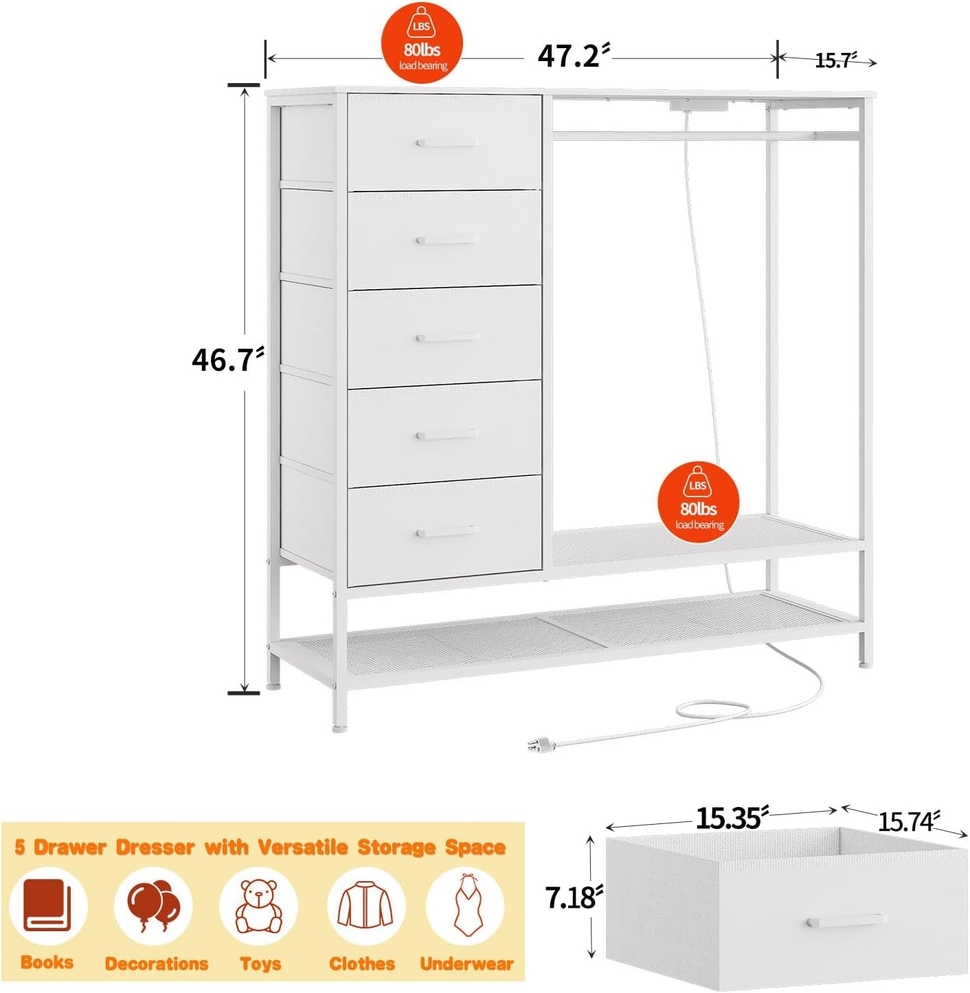 Dresser for Bedroom, Dresser with Hanging Rack Led Lights and Charging Station, White Bedroom Dresser with 5 Fabric Chest of Drawers with PU Finish Storage Organizer, for Living Room Kids Room, White-1