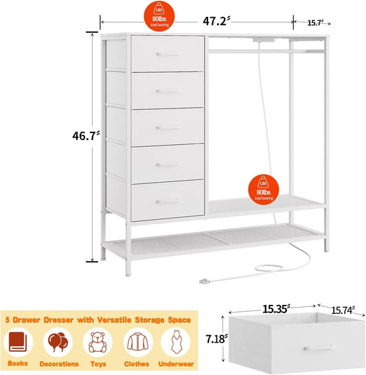 Dresser for Bedroom, Dresser with Hanging Rack Led Lights and Charging Station, White Bedroom Dresser with 5 Fabric Chest of Drawers with PU Finish Storage Organizer, for Living Room Kids Room, White-1