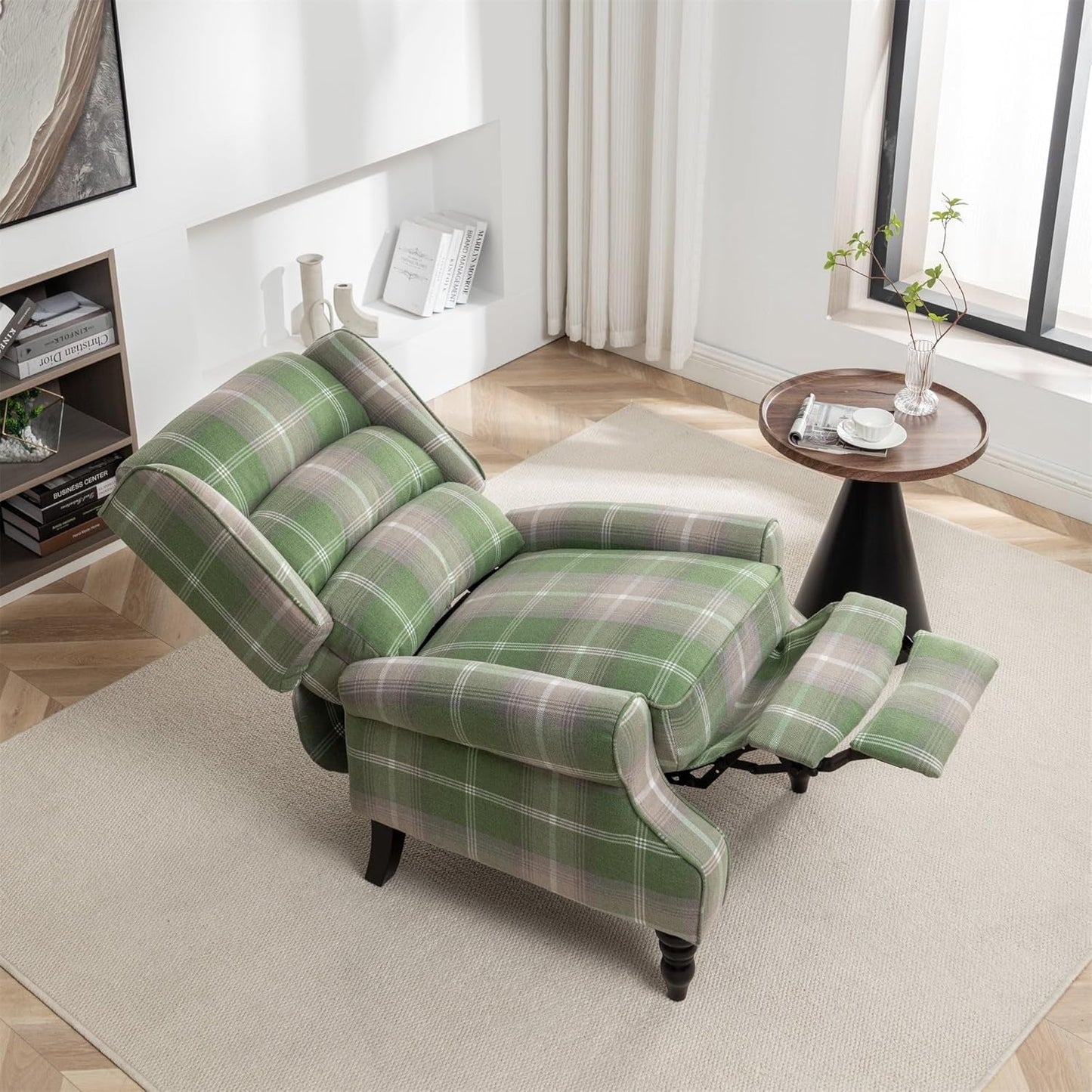 Upholstered Wingback Recliner Chair, Plaid Recliner Chair Armchair Adjustable Footrest Push Back Reclining Sofa, Mid-Century Modern Lounge Armchair for Living Room, Bedroom, Reading -- Green-0