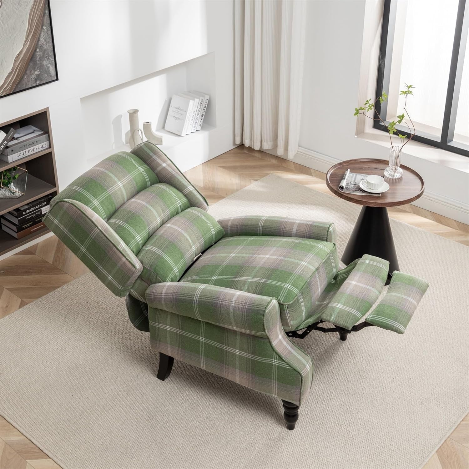 Upholstered Wingback Recliner Chair, Plaid Recliner Chair Armchair Adjustable Footrest Push Back Reclining Sofa, Mid-Century Modern Lounge Armchair for Living Room, Bedroom, Reading -- Green-0
