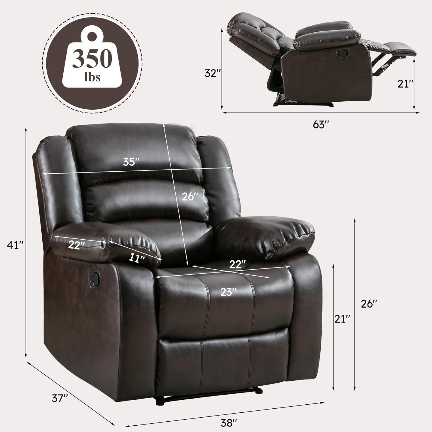 Manual Recliner Chair, Breathable Faux Leather Reclining Chairs with Overstuffed Arm and Back, Living Room Single Sofa Recliners (Dark Brown)-2