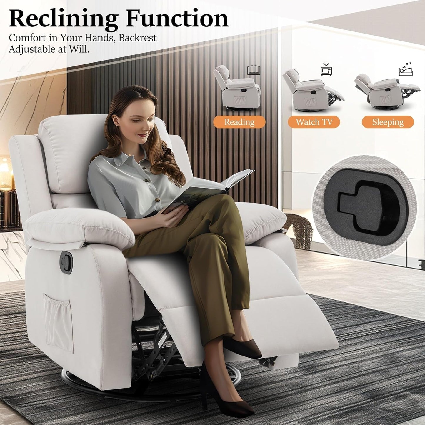 Recliner Chair, 360 Swivel Rocker Chair for Adults, Small Rocking Recliner Chair for Small Spaces, Upholstered Fabric Glider Recliner Nursery Chair with Side Pockets for Living Room, White-3