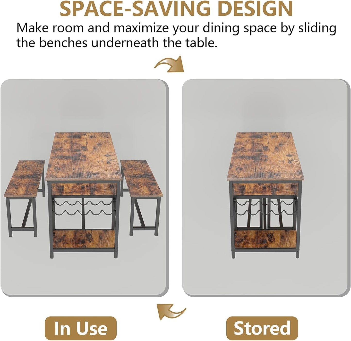 Elegant Rustic Dining Table Set for 4-6 with Storage Drawer, Wine Rack & Glass Holder - 54.7" Kitchen Dinner Table with 2 Benches-3