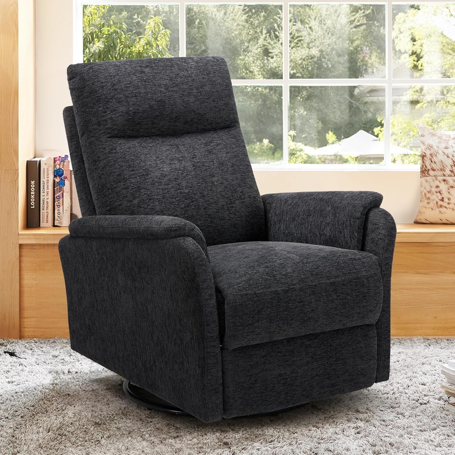 Swivel Rocking Recliner Glider Chair, Upholstered Fabric Reclining Rocker Chair with Footrest for Living Room, Nursery, Bedroom, Ergonomic High Backrest, Wide Seat Cushion and Metal Base-Darkgrey-0