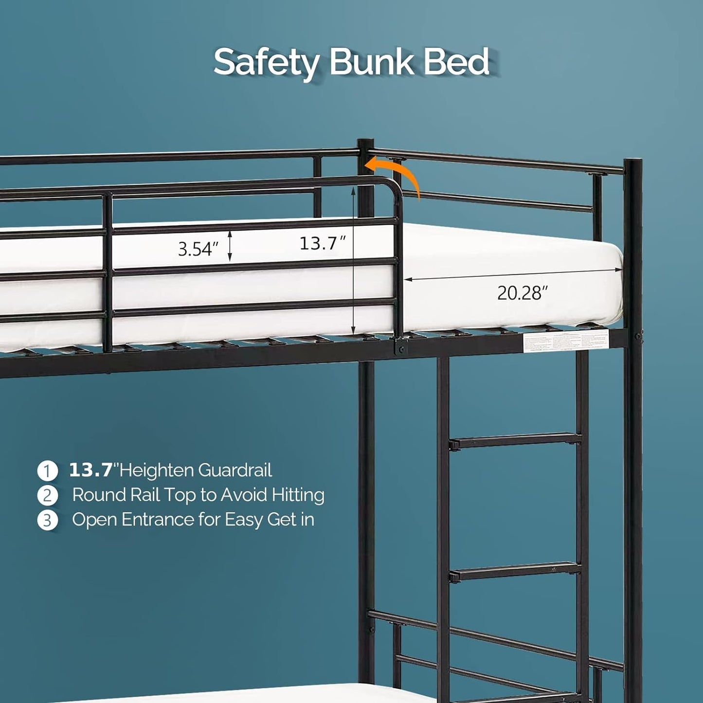 Bunk Bed Twin over Twin for Kids, Teens & Adults Bunk Bed with Stairs & Flat Rungs, Heavy Duty Metal Slats, No Box Spring Needed, Black-3